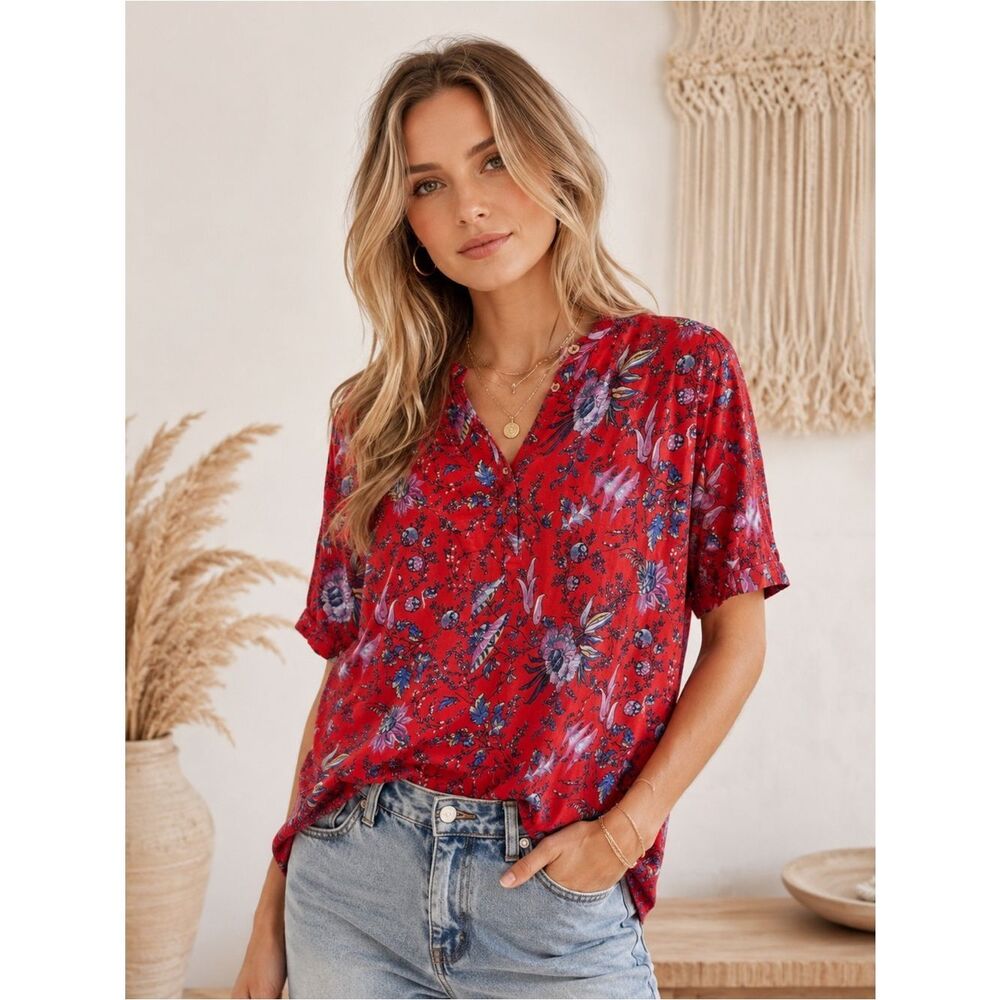 Maeve Anthropologie Red Floral Blouse